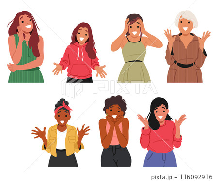 Diverse Cartoon Women Showing Surprise And Excitement. Young And Mature Female Characters Expressing Happiness Diverse Cartoon Women Showing Surprise And Excitement. Young And Mature Female Characters Expressing Happiness 116092916