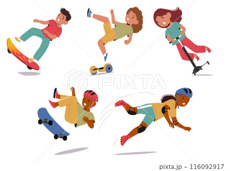 Children Falling Off Skateboards, Scooters, Hoverboards, And Roller Skates. Vector Energetic Concepts Of Accidents Children Falling Off Skateboards, Scooters, Hoverboards, And Roller Skates. Vector Energetic Concepts Of Accidents 116092917
