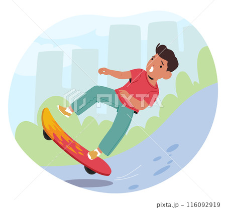 Young Boy Character Falling Off His Skateboard In A City Park Setting. Scene Captures An Unexpected Moment Of Surprise 116092919