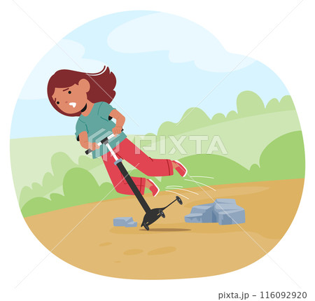 Cartoon Young Girl Character Falling Off A Scooter While Riding In A Park. Vector Image Captures A Moment Of Surprise 116092920