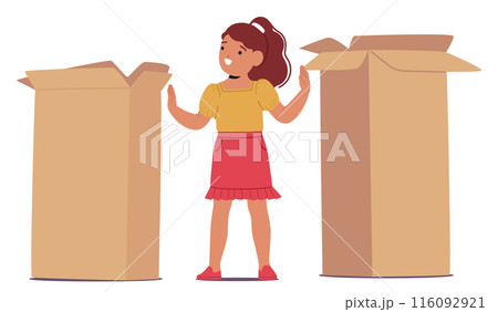 Young Girl Character Standing Between Two Large Cardboard Boxes, Demonstrating Prepositions Of Place, Vector Image Young Girl Character Standing Between Two Large Cardboard Boxes, Demonstrating Prepositions Of Place, Vector Image 116092921