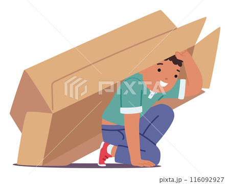 Happy Child Playing Under The Large Cardboard Box, Demonstrating Concept Of Prepositions Of Place, Vector Illustration 116092927