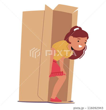 Cartoon Girl Happily Playing Inside A Large Cardboard Box And Peeking Out Of It. Vector Image Depicts A Playful Moment Cartoon Girl Happily Playing Inside A Large Cardboard Box And Peeking Out Of It. Vector Image Depicts A Playful Moment 116092943