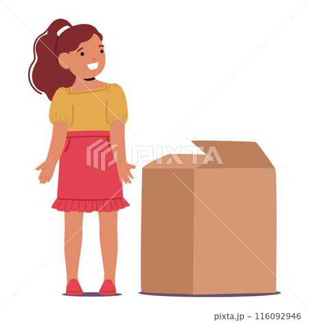 Smiling Cartoon Girl Character Demonstrating Prepositions Of Place Standing To The Left Of Large Cardboard Box Smiling Cartoon Girl Character Demonstrating Prepositions Of Place Standing To The Left Of Large Cardboard Box 116092946