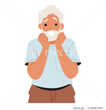 Happy Elderly Man With A Surprised Expression, Cheerful Face And Casual Outfit Convey A Sense Of Joy And Excitement Happy Elderly Man With A Surprised Expression, Cheerful Face And Casual Outfit Convey A Sense Of Joy And Excitement 116092947