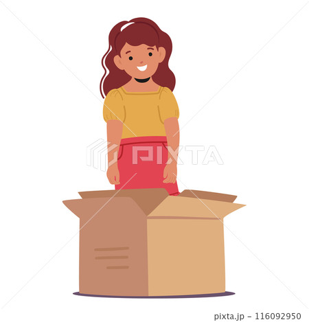 Child Standing Behind Of Cardboard Box. Child Smiling And Appears To Be Having Fun, Demonstrating Prepositions Of Place Child Standing Behind Of Cardboard Box. Child Smiling And Appears To Be Having Fun, Demonstrating Prepositions Of Place 116092950