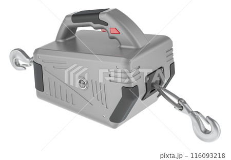 Electric Winch with Steel Cable, grey color. 3D rendering Electric Winch with Steel Cable, grey color. 3D rendering 116093218
