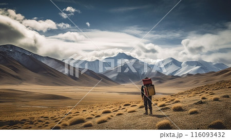 Explorer stand in front of high mountain peak landscape. Generative AI 116093432