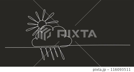 Sun and cloud with rain - hand drawing one single continuous line banner. Vector stock illustration isolated on black background for template weather forecast, travel blog. Editable stroke. EPS10 116093511