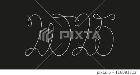 Decoration continuous line hand drawing sign for 2025 year calendar. Vector stock illustration minimalism design isolated on black chalkboard background. Editable stroke single line. EPS10 116093512