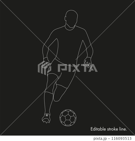 Soccer running player with ball. Vector stock one line hand drawing illustration isolated on black background for design template football championship, game. Editable stroke. EPS10 Soccer running player with ball. Vector stock one line hand drawing illustration isolated on black background for design template football championship, game. Editable stroke. EPS10 116093513