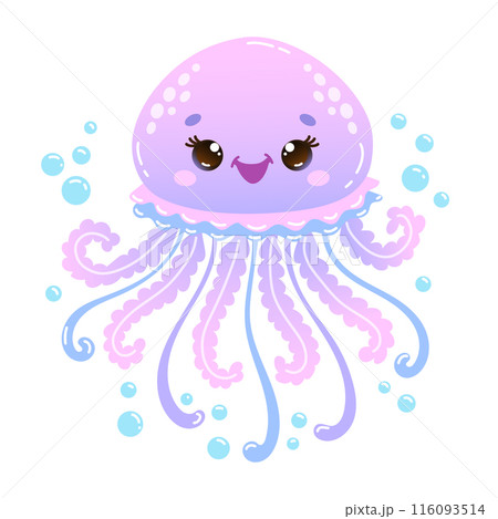 Cute cartoon jellyfish with bubbles. Vector Illustration for children's books, nursery decor and other creative projects Cute cartoon jellyfish with bubbles. Vector Illustration for children's books, nursery decor and other creative projects 116093514