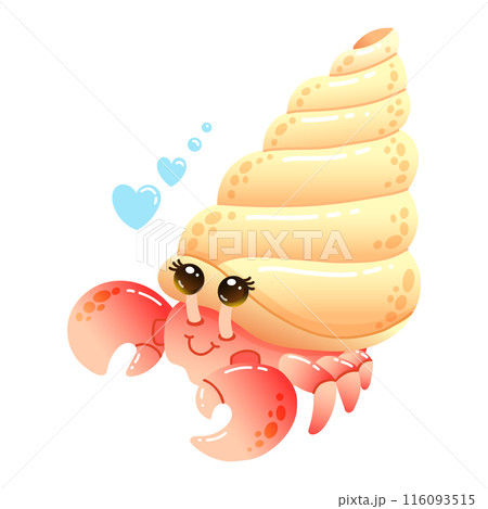 Cartoon hermit crab with playful heart bubbles. Vector Illustration for childrens educational materials, nursery decor Cartoon hermit crab with playful heart bubbles. Vector Illustration for childrens educational materials, nursery decor 116093515