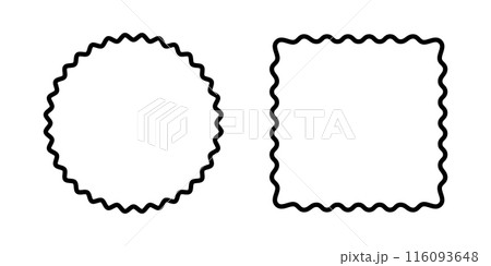 Round and square frames with wiggly edges. Circle and rectangular shapes with curvy borders. Empty laced text boxes, tags or labels isolated on white background. Vector graphic illustration Round and square frames with wiggly edges. Circle and rectangular shapes with curvy borders. Empty laced text boxes, tags or labels isolated on white background. Vector graphic illustration 116093648