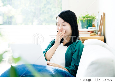 リビングでパソコンを使う若い女性 116093705