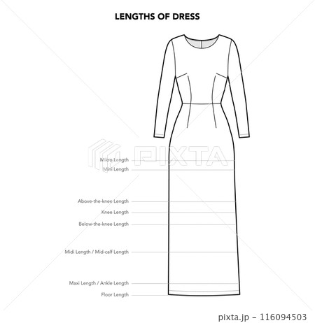 Length of Dress styles - Micro, Mini, Above the Knee, Midi, maxi and Floor technical fashion illustration. Flat apparel 116094503
