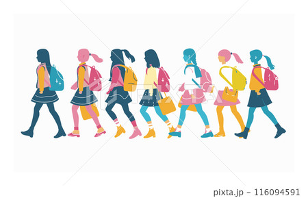 Diverse group girls walking side side, colorful flat design. School children uniforms backpacks, casual clothing, friendship concept. Trendy female students, stylish young characters, education Diverse group girls walking side side, colorful flat design. School children uniforms backpacks, casual clothing, friendship concept. Trendy female students, stylish young characters, education 116094591