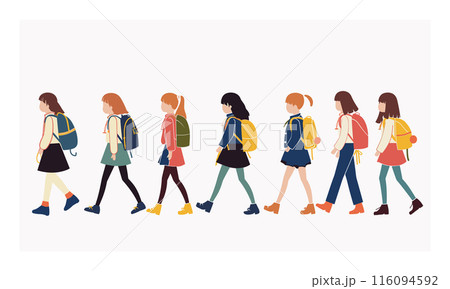 Side profile diverse girls walking school, wearing colorful clothes backpacks. Students walking line, showcasing various hairstyles school uniforms. Casual clothing, youth, education theme isolated 116094592