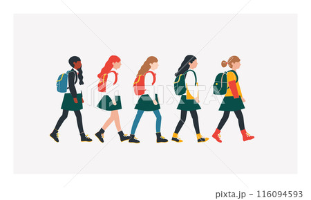 Five young girls walking side side, carrying. Girls school uniforms showcasing hairstyles. Cartoon illustration, students walking, neutral Five young girls walking side side, carrying. Girls school uniforms showcasing hairstyles. Cartoon illustration, students walking, neutral 116094593