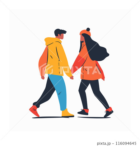 Young couple walking together, man woman casual winter clothes holding hands. Stylish pair colorful jackets enjoying stroll, modern flat design. Animated characters outdoor apparel casual day out 116094645