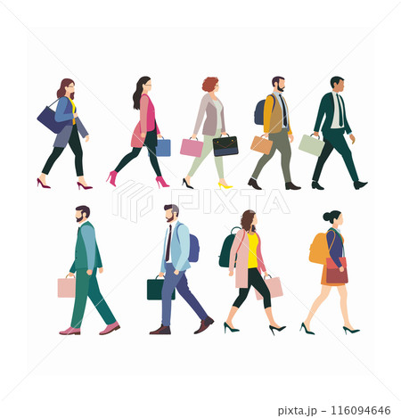 People walking side side, business attire, men women various ethnicities commuting. Adult professionals carrying bags their way work, diverse group, flat design. Casual formal wear, commuting scene People walking side side, business attire, men women various ethnicities commuting. Adult professionals carrying bags their way work, diverse group, flat design. Casual formal wear, commuting scene 116094646