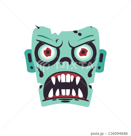 Cartoon zombie head expression showing fear surprise. Green skin monster face wide eyes open mouth. Halloween themed graphic isolated white background Cartoon zombie head expression showing fear surprise. Green skin monster face wide eyes open mouth. Halloween themed graphic isolated white background 116094686