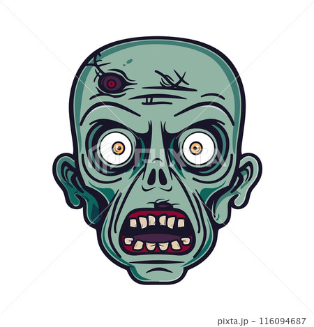 Zombie head illustration bulging eyes rotting skin. Cartoon undead creature missing teeth wounded head. Green skinned zombie vector shocked expression isolated white background Zombie head illustration bulging eyes rotting skin. Cartoon undead creature missing teeth wounded head. Green skinned zombie vector shocked expression isolated white background 116094687