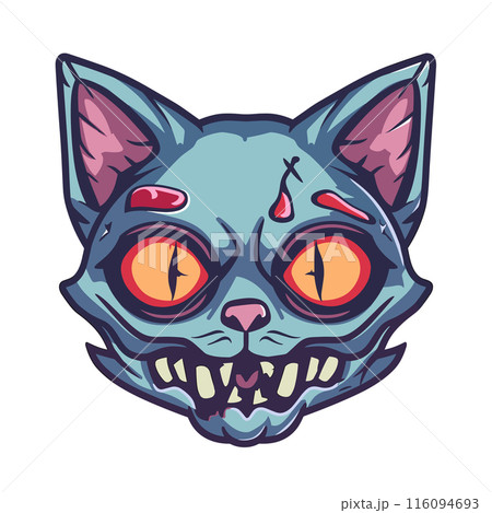 Frightening cartoon zombie cat head wide orange eyes, dripping blood, sharp fangs, isolated white background. Eerie undead feline creature, vivid colors, Halloween themed graphic design. Scary Frightening cartoon zombie cat head wide orange eyes, dripping blood, sharp fangs, isolated white background. Eerie undead feline creature, vivid colors, Halloween themed graphic design. Scary 116094693
