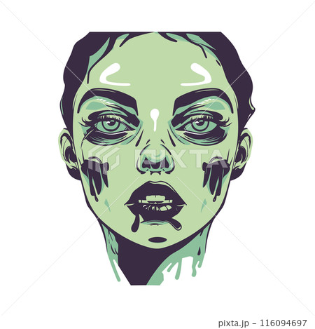 Woman face melting surreal graphic art. Green tones dominate illustration, conveying sense eerie transformation decay. Eyes mouth express distress horror against isolated white background Woman face melting surreal graphic art. Green tones dominate illustration, conveying sense eerie transformation decay. Eyes mouth express distress horror against isolated white background 116094697