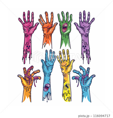 Zombie hands colorful cartoon raised various gestures. Undead themed graphic showing multiple creepy hands drips decay details. Halloween decoration spooky hand set bright colors isolated white Zombie hands colorful cartoon raised various gestures. Undead themed graphic showing multiple creepy hands drips decay details. Halloween decoration spooky hand set bright colors isolated white 116094717