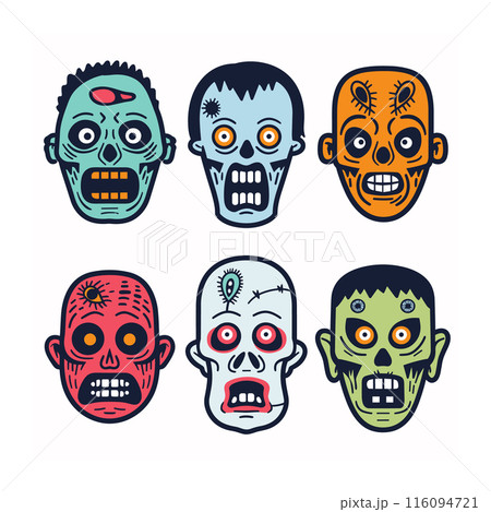 Set six colorful zombie faces featuring various expressions, cartoon style, face exhibits unique horror features, designed Halloween themes. Vibrant scary faces perfect spooky graphic design Set six colorful zombie faces featuring various expressions, cartoon style, face exhibits unique horror features, designed Halloween themes. Vibrant scary faces perfect spooky graphic design 116094721