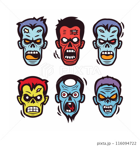 Six cartoon zombie heads featuring variety expressions, colors, undead designs. Zombie faces display anger, shock, aggression ideal Halloween themes. Graphic style vibrant colors, bold lines 116094722
