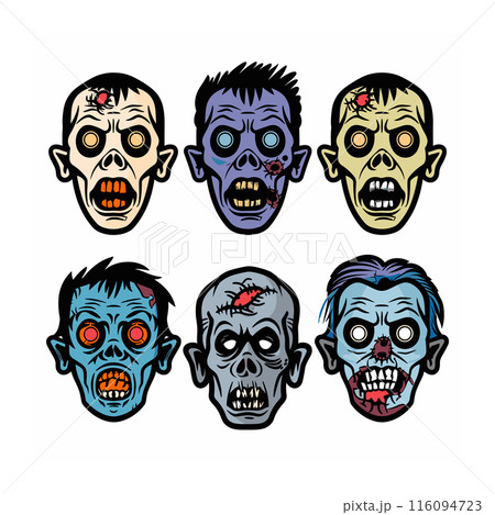 Six cartoon zombie faces various expressions, isolated white background, horror themed graphic. Zombie faces showing different emotions, vibrant colors, Halloween decoration concept. Cartoon style 116094723