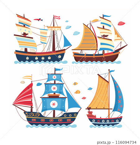Cartoon sailboats colorful nautical theme...のイラスト素材 [116094734] - PIXTA