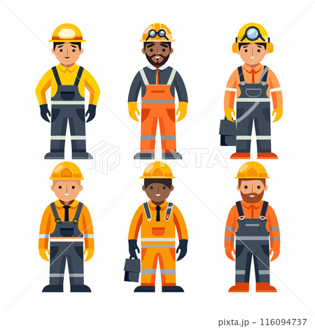 Six diverse construction workers illustrated standing uniform safety gear hard hats. Multiethnic male characters work attire reflective vests helmets toolbox. Professional group construction Six diverse construction workers illustrated standing uniform safety gear hard hats. Multiethnic male characters work attire reflective vests helmets toolbox. Professional group construction 116094737