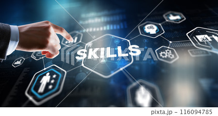Skill Ability Business Internet technology Concept. Businessman in a jacket clicks on the inscription Skills 116094785