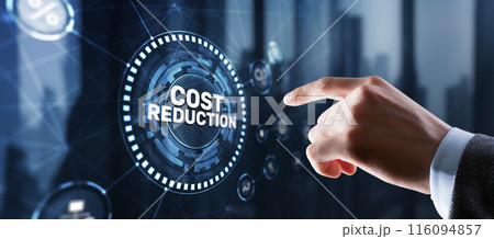 Cost reduction business finance concept. Businessman clicks virtual screen Cost reduction business finance concept. Businessman clicks virtual screen 116094857