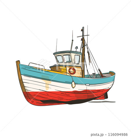 Fishing boat illustration vibrant colors, wooden texture, handdrawn style. Nautical vessel features red, white, blue hull, life ring onboard, fishing gear. Vintage trawler sketch isolated white Fishing boat illustration vibrant colors, wooden texture, handdrawn style. Nautical vessel features red, white, blue hull, life ring onboard, fishing gear. Vintage trawler sketch isolated white 116094986