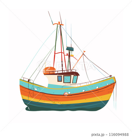 Brightly colored fishing boat isolated white, orange, green, blue hull, equipped commercial fishing trips. Cartoon style artwork fishermans boat, complete masts, ropes, antennas. Nautical vessel 116094988