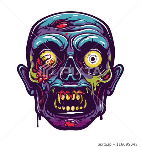 Colorful skull illustration vibrant colors horror theme. Cartoonish skull vibrant color scheme melting details funky style. Artistic drawing exaggerated features colorful artwork graphic 116095045