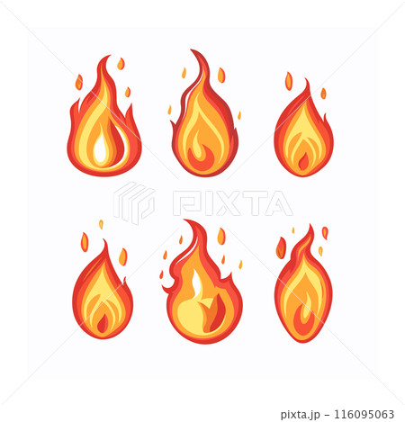 Six different cartoon fire flames designsのイラスト素材