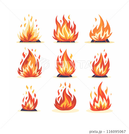 Nine different cartoon fire flames designs varying shapes intensities, ideal graphic elements games creative projects. Featuring orange yellow tones, these flames provide warm dynamic visual Nine different cartoon fire flames designs varying shapes intensities, ideal graphic elements games creative projects. Featuring orange yellow tones, these flames provide warm dynamic visual 116095067