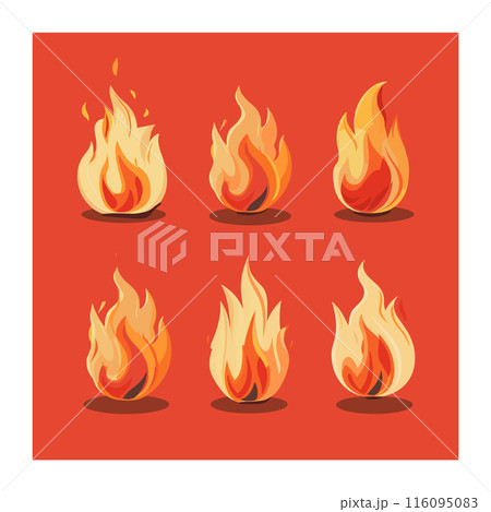 Six different cartoon flame designs orange red background. Animated individual flames varying shapes sizes, stylized fire illustrations. Graphic collection fire icons, vibrant warm colors against Six different cartoon flame designs orange red background. Animated individual flames varying shapes sizes, stylized fire illustrations. Graphic collection fire icons, vibrant warm colors against 116095083