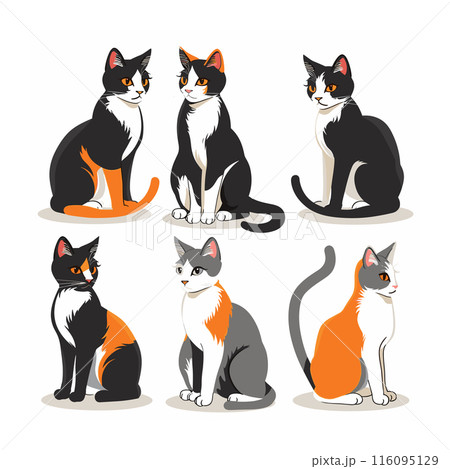 Six cartoon cats, various poses, black orange white fur. Domestic feline illustrations, different angles, playful elegant kitty, isolated white background. Calico cat designs, sitting standing cat 116095129