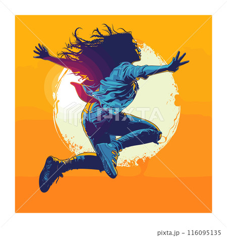 young African American woman joyfully jumps against orange gradient background, wears casual clothes, jeans, blue shirt sneakers, hair flowing dynamically. Energetic free dance leap captured 116095135