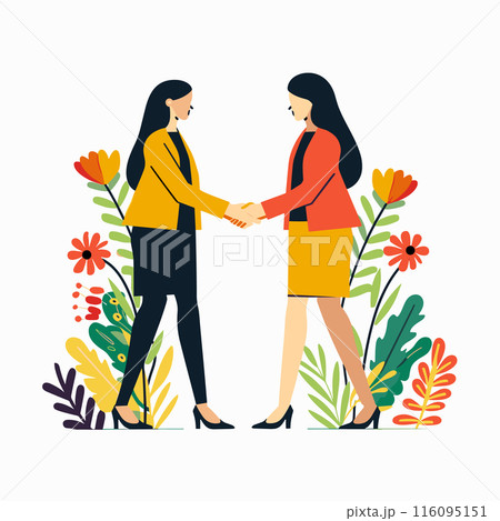 Two women shaking hands, business agreement, professional attire, floral backdrop. Female executives meet, diverse ethnicities, handshakes signifies partnership. Colorful flowers enhance friendly 116095151