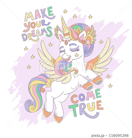 Greeting card with cute cartoon unicorn and lettering vector 116095266