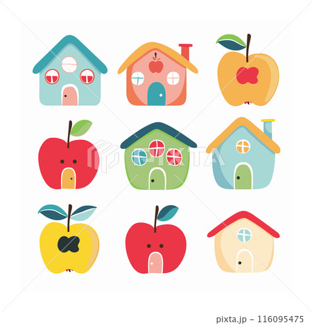 Nine colorful graphic images combining elements apples houses. Stylized apple shapes merged house features such windows, doors, chimneys. Bright primary colors, cute, simple, playful designs Nine colorful graphic images combining elements apples houses. Stylized apple shapes merged house features such windows, doors, chimneys. Bright primary colors, cute, simple, playful designs 116095475