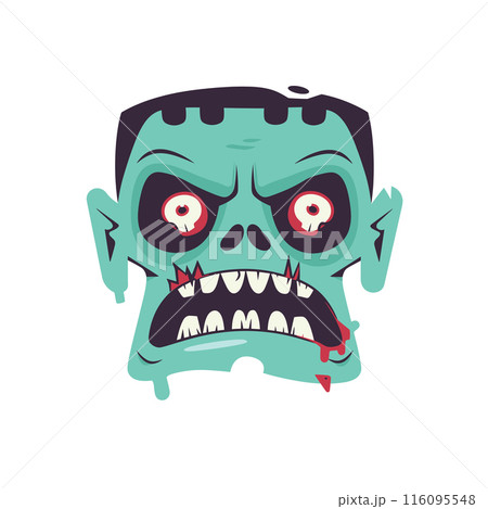 Zombie head cartoon graphic, scary undead character illustration. Green skinned zombie bulging eyes, sharp teeth drooling blood, stylized horror design. Spooky funny zombie face, Halloween concept 116095548
