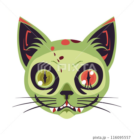 Zombie cat illustration large eerie eyes fangs. Green faced cat cartoon character depicting horror, Halloween theme isolated white background. Spooky feline head red accents infections, digital art 116095557